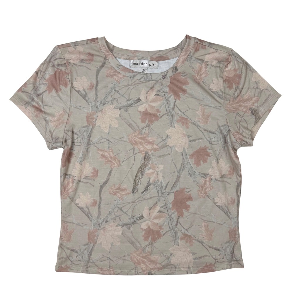 Madden Girl Camo Leaf Print Tee Womens Large‎ Tan Brown Excellent Short Sleeve